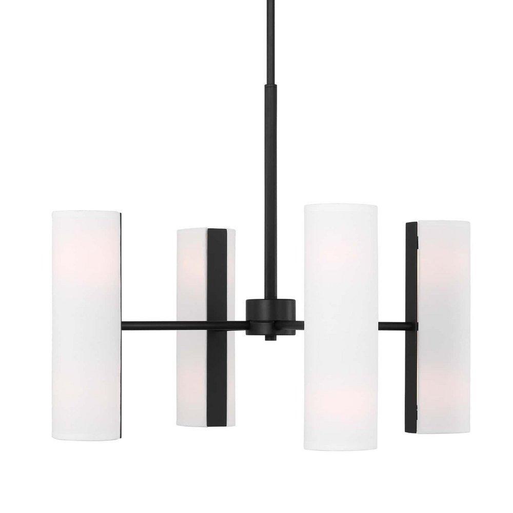 CAPALINO MODERN 8-LIGHT INDOOR DIMMABLE MEDIUM CHANDELIER IN MIDNIGHT BLACK FINISH WITH WHITE LINEN FABRIC SHADES 