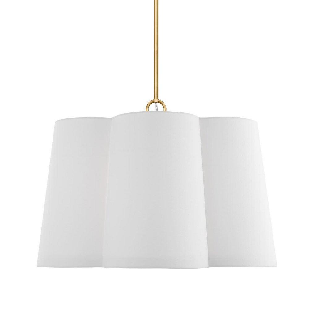 BRONTE TRANSITIONAL 4-LIGHT INDOOR DIMMABLE LARGE HANGING SHADE CEILING HANGING CHANDELIER LIGHT IN BURNISHED BRASS GOLD FINISH WITH WHITE LINEN FABRIC SHADE 