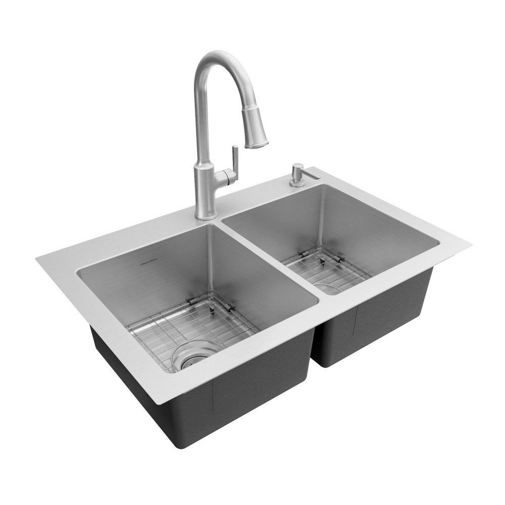 RAVIV PULL-DOWN FAUCET AND 32-INCH STAINLESS STEEL DOUBLE-BOWL KITCHEN SINK KIT 