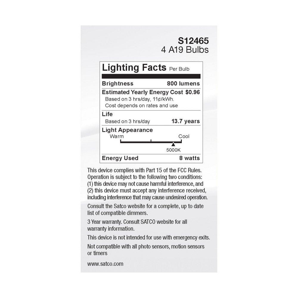 8 WATT A19 LED; CLEAR; 5000K; MEDIUM BASE; 120 VOLT; 4-PACK 