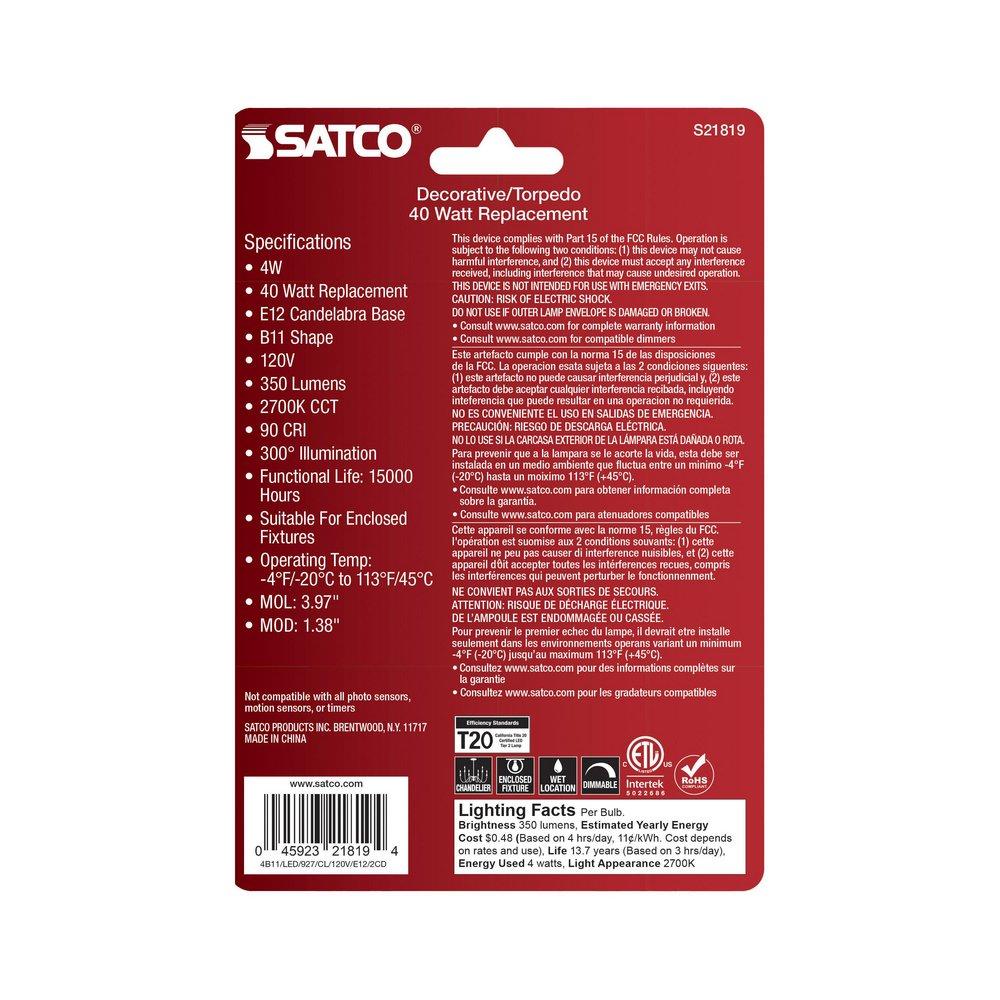 4 WATT B11 LED; CLEAR; CANDELABRA BASE; 3000K; 350 LUMENS; 120 VOLT; 2-PACK 