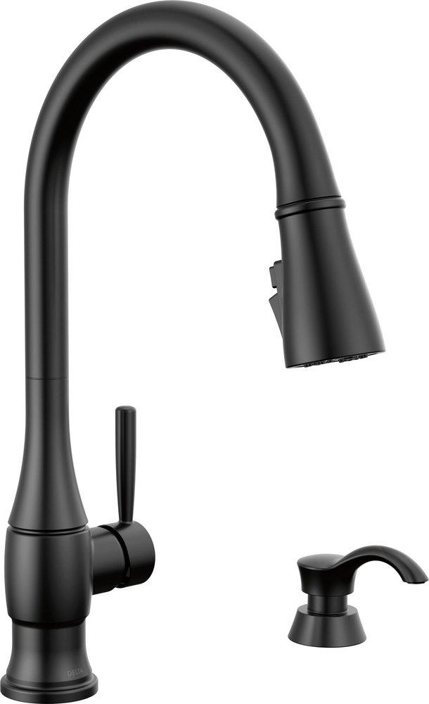 DELTA HAZELWOOD: SINGLE HANDLE PULL-DOWN KITCHEN FAUCET WITH SOAP DISPENSER AND SHIELDSPRAY TECHNOLOGY 