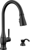 DELTA HAZELWOOD: SINGLE HANDLE PULL-DOWN KITCHEN FAUCET WITH SOAP DISPENSER AND SHIELDSPRAY TECHNOLOGY 