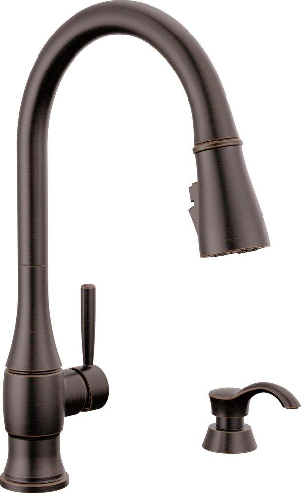DELTA HAZELWOOD: SINGLE HANDLE PULL-DOWN KITCHEN FAUCET WITH SOAP DISPENSER AND SHIELDSPRAY TECHNOLOGY 