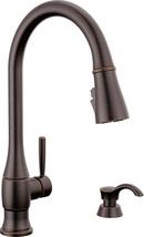 DELTA HAZELWOOD: SINGLE HANDLE PULL-DOWN KITCHEN FAUCET WITH SOAP DISPENSER AND SHIELDSPRAY TECHNOLOGY 