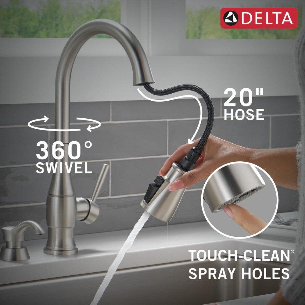 DELTA HAZELWOOD: SINGLE HANDLE PULL-DOWN KITCHEN FAUCET WITH SOAP DISPENSER AND SHIELDSPRAY TECHNOLOGY 