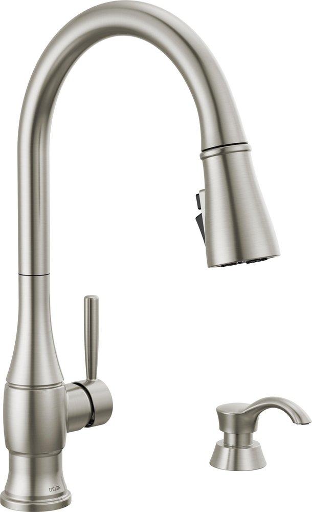 DELTA HAZELWOOD: SINGLE HANDLE PULL-DOWN KITCHEN FAUCET WITH SOAP DISPENSER AND SHIELDSPRAY TECHNOLOGY 