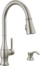 DELTA HAZELWOOD: SINGLE HANDLE PULL-DOWN KITCHEN FAUCET WITH SOAP DISPENSER AND SHIELDSPRAY TECHNOLOGY 
