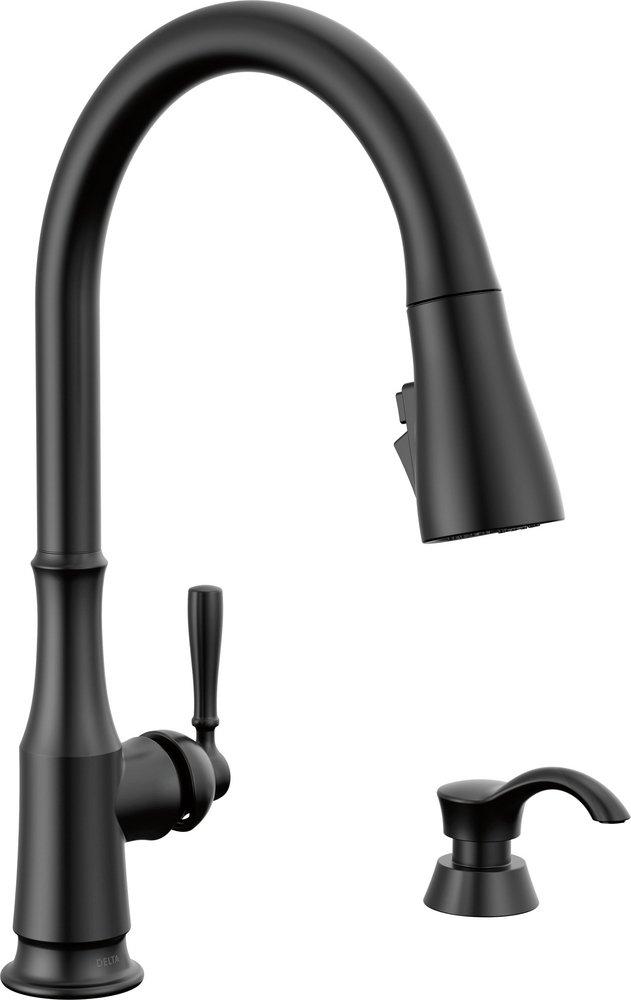DELTA CAPERTEE: SINGLE HANDLE PULL-DOWN KITCHEN FAUCET WITH SOAP DISPENSER AND SHIELDSPRAY TECHNOLOGY 