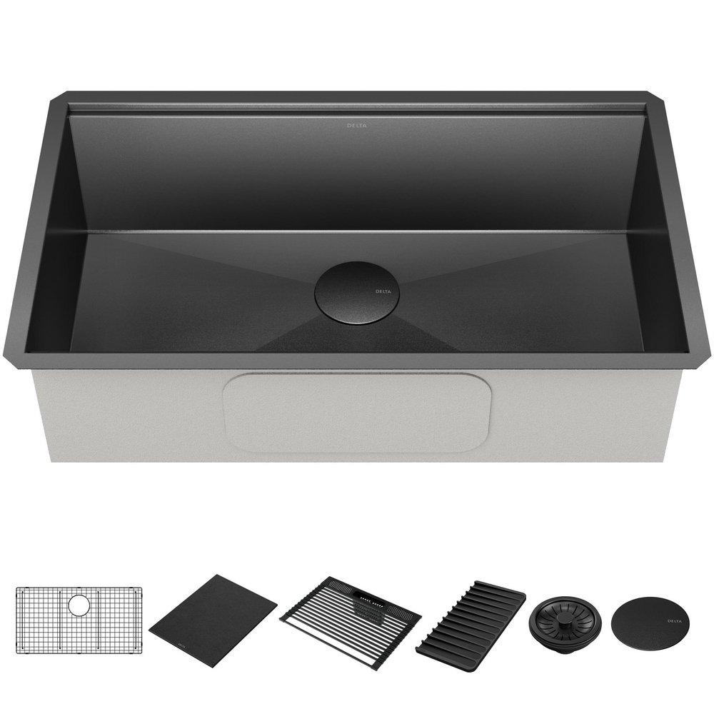 DELTA RIVET 32 WORKSTATION KITCHEN SINK UNDERMOUNT 16 GAUGE STAINLESS STEEL SINGLE BOWL IN PVD GUNMETAL FINISH WITH WORKFLOW LEDGE AND ACCESSORIES 