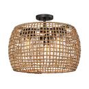 3-Light 19in. Wide Semi-Flush Drum Outdoor Ceiling Fixture with Wicker Shade in Natural Black