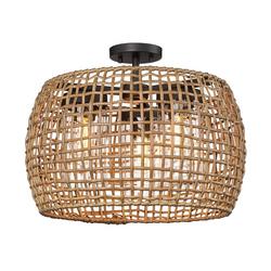 3-Light 19in. Wide Semi-Flush Drum Outdoor Ceiling Fixture with Wicker Shade in Natural Black