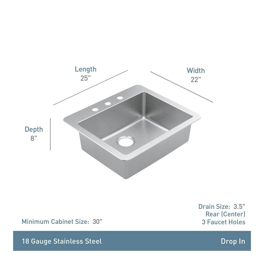 25X22 STAINLESS STEEL 18 GAUGE SINGLE BOWL 1B DI SINK 