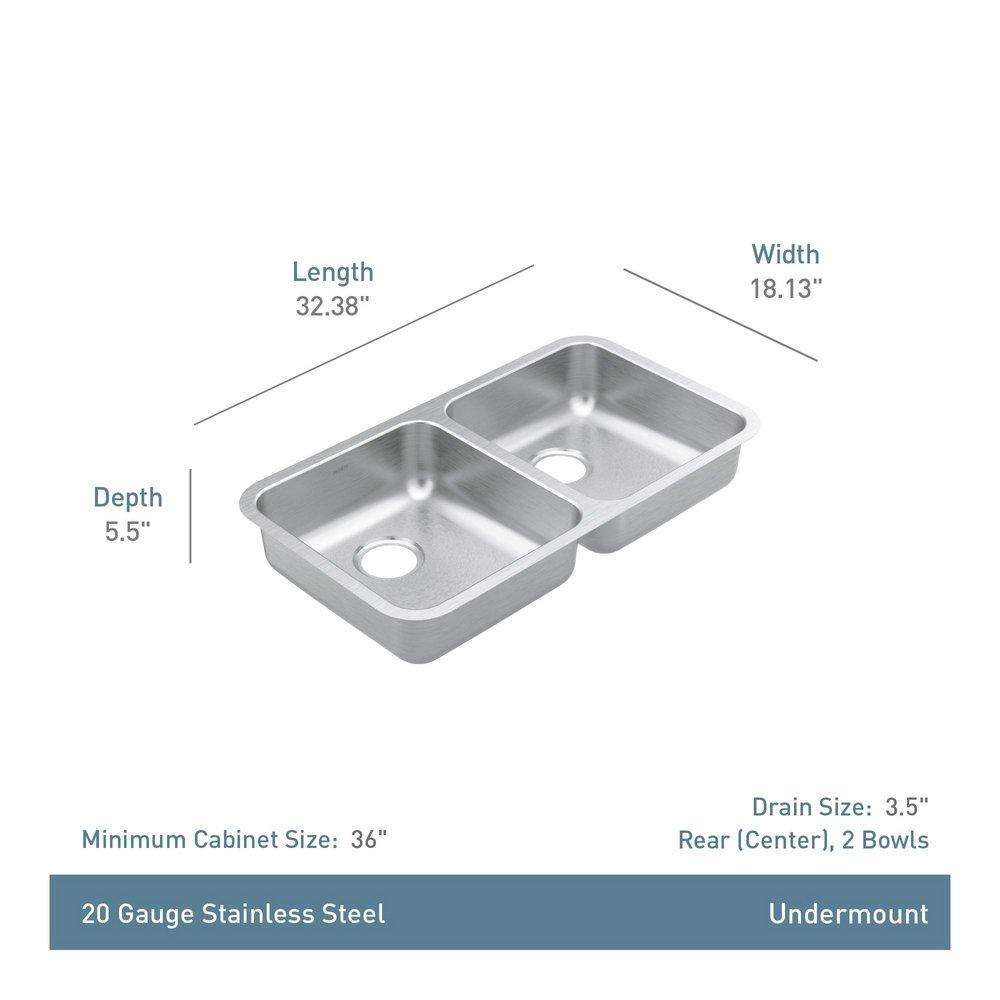 Moen Brushed 32-3/8 x 18-1/8 in. Stainless Steel Double Bowl Undermount Kitchen Sink 