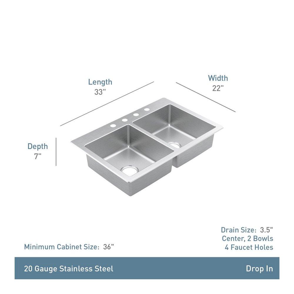 33X22 STAINLESS STEEL 20 GAUGE DOUBLE BOWL 2B DI SINK 