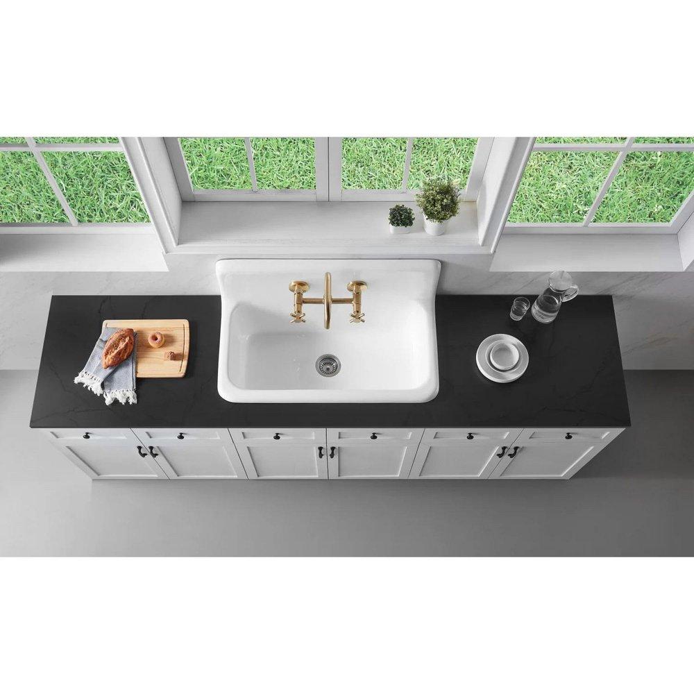Kingston Brass White 36 x 20-3/16 in. 2 Hole Cast Iron Single Bowl Wall Mount Kitchen Sink 