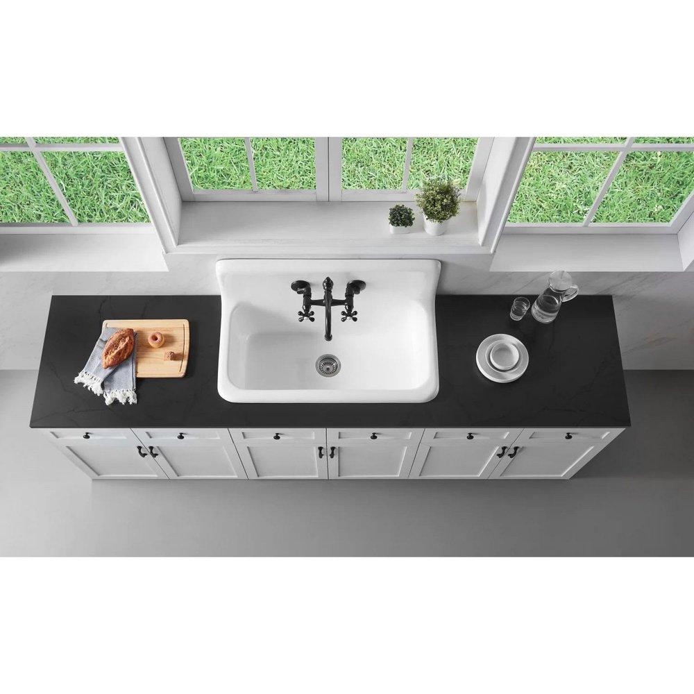 Kingston Brass White 36 x 20-3/16 in. 2 Hole Cast Iron Single Bowl Wall Mount Kitchen Sink 