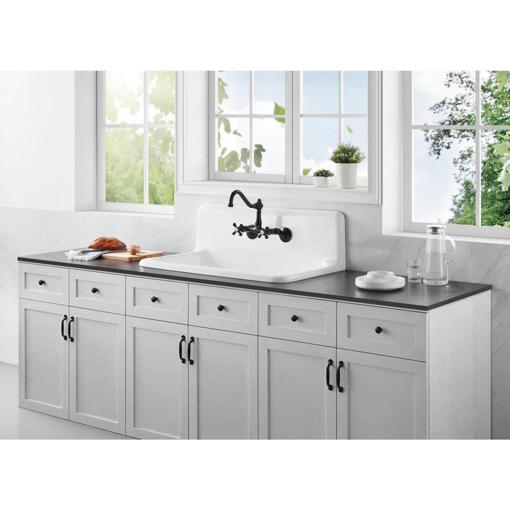 Kingston Brass White 36 x 20-3/16 in. 2 Hole Cast Iron Single Bowl Wall Mount Kitchen Sink 