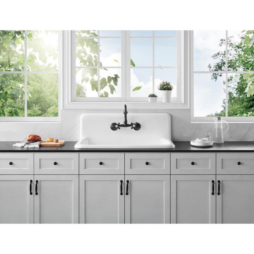 Kingston Brass White 36 x 20-3/16 in. 2 Hole Cast Iron Single Bowl Wall Mount Kitchen Sink 