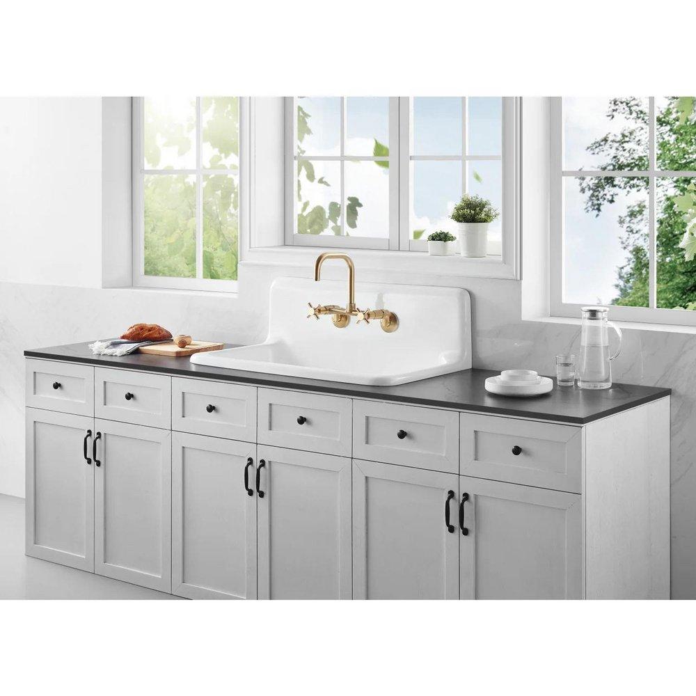 Kingston Brass White 36 x 20-3/16 in. 2 Hole Cast Iron Single Bowl Wall Mount Kitchen Sink 