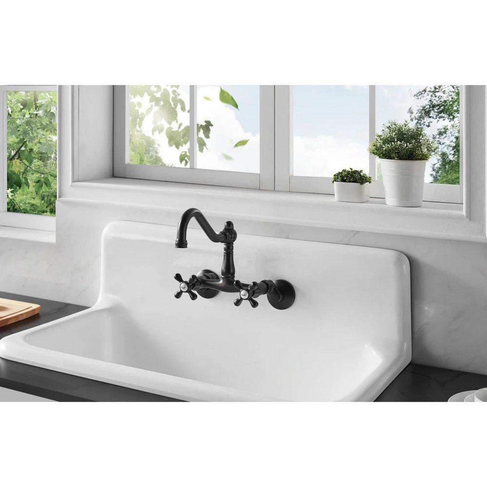 Kingston Brass White 36 x 20-3/16 in. 2 Hole Cast Iron Single Bowl Wall Mount Kitchen Sink 