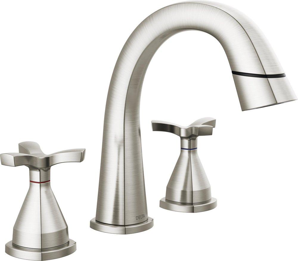 DELTA STRYKE TWO HANDLE WIDESPREAD PULL DOWN BATHROOM FAUCET 1.2 GPM  LUMICOAT STAINLESS 