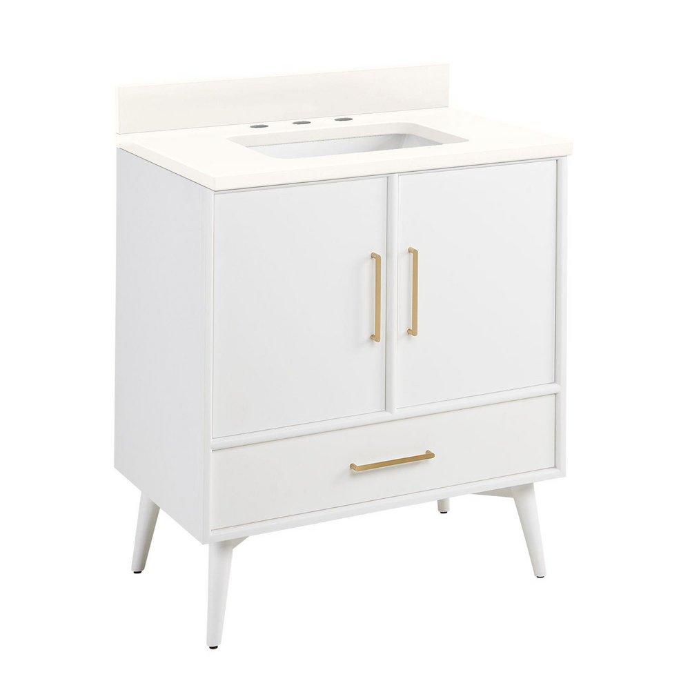 Signature Hardware Bright White Floor Mount Vanity in Bright White with Arctic White Quartz 