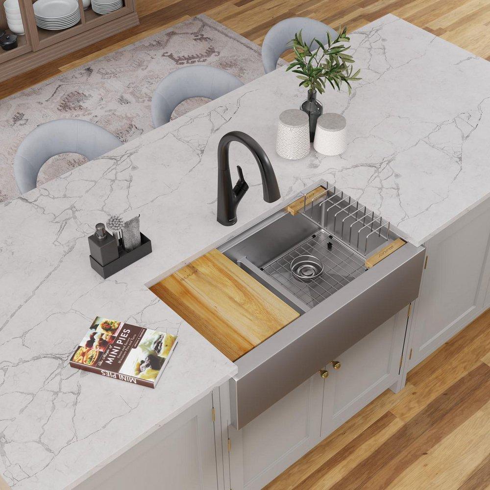 33 CROSSTOWN 16G STAINLESS STEEL EQUAL DOUBLE BOWL FARMHOUSE WORKSTATION WITH AQUA-DIVIDE 