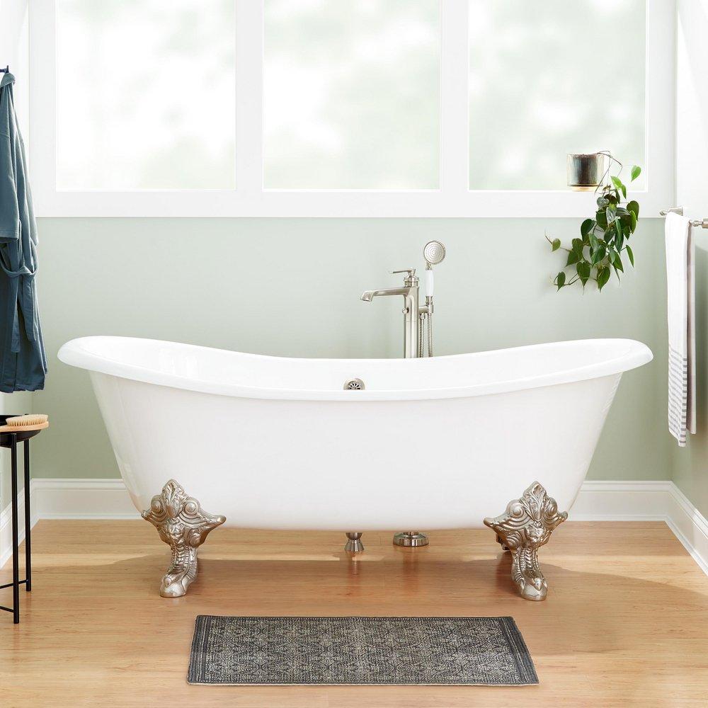 67 LENA CAST IRON CLAWFOOT TUB - CONTINUOUS ROLLED RIM - BRUSHED NICKEL MONARCH FEET - BN DRAIN 
