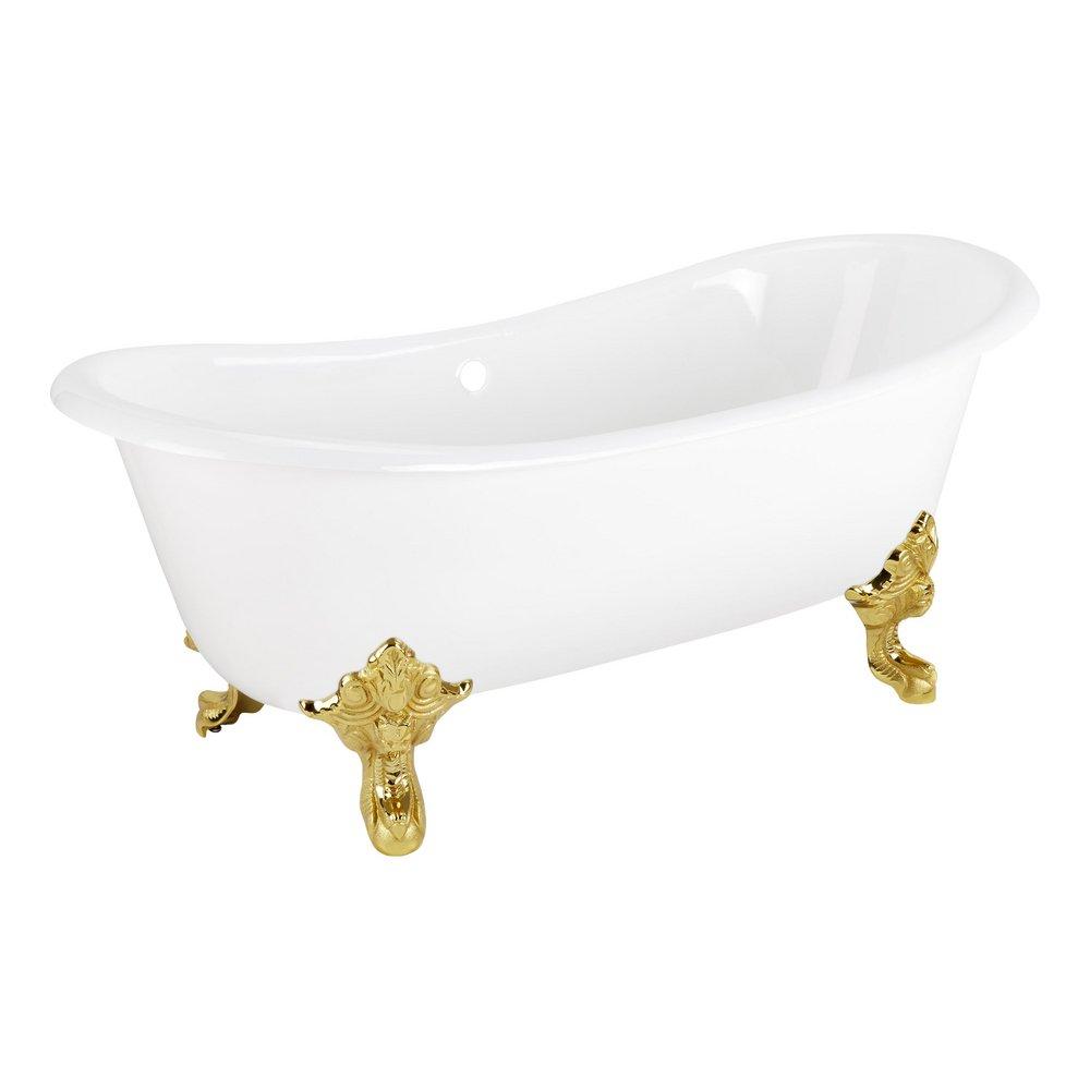 67 LENA CAST IRON CLAWFOOT TUB - CONTINUOUS ROLLED RIM - POLISHED BRASS MONARCH FEET - WHITE DRAIN 