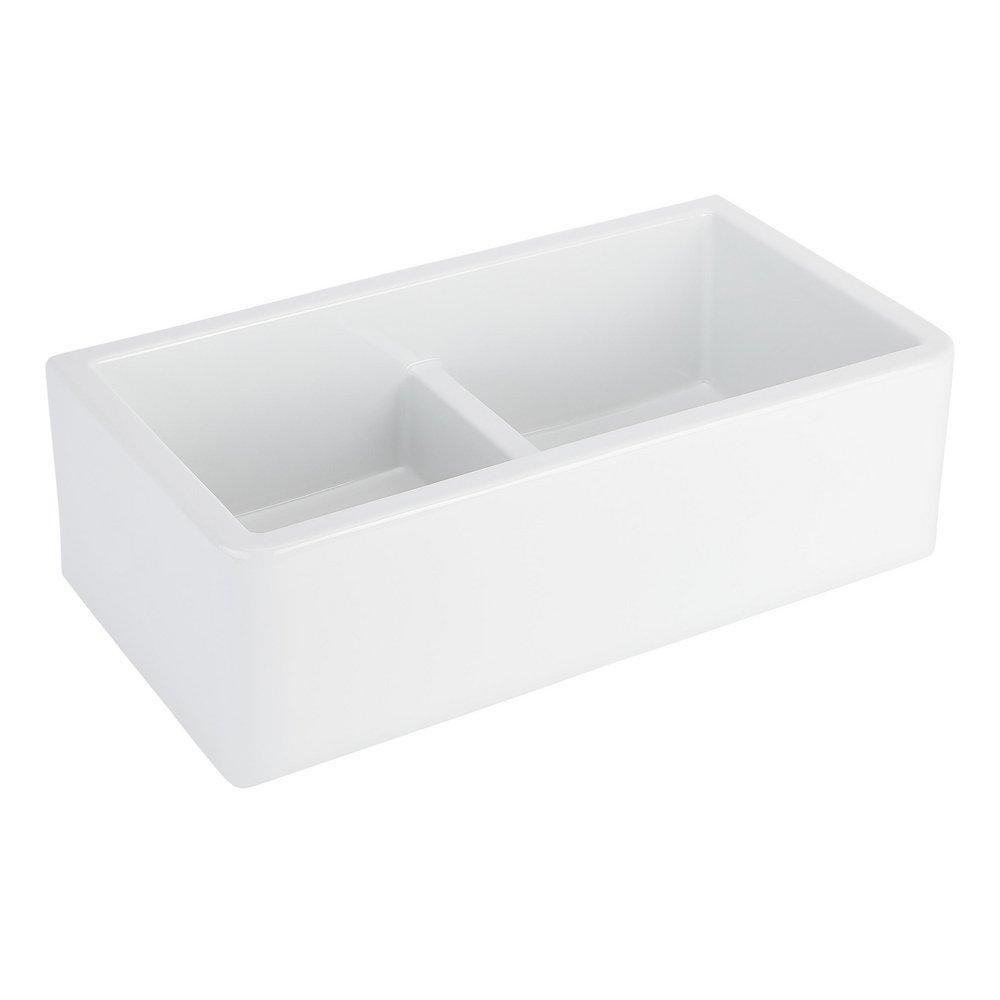 Signature Hardware White 33 in. Fireclay Double Bowl Farmhouse Kitchen Sink 