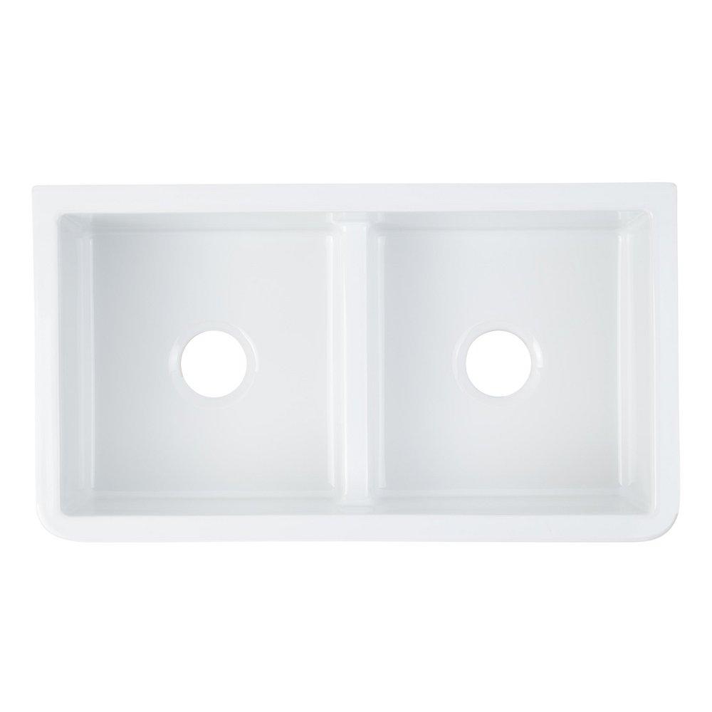 Signature Hardware White 33 in. Fireclay Double Bowl Farmhouse Kitchen Sink 