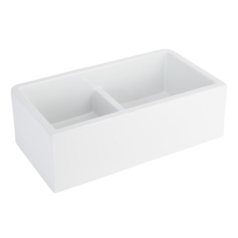 Signature Hardware White 33 in. Fireclay Double Bowl Farmhouse Kitchen Sink 