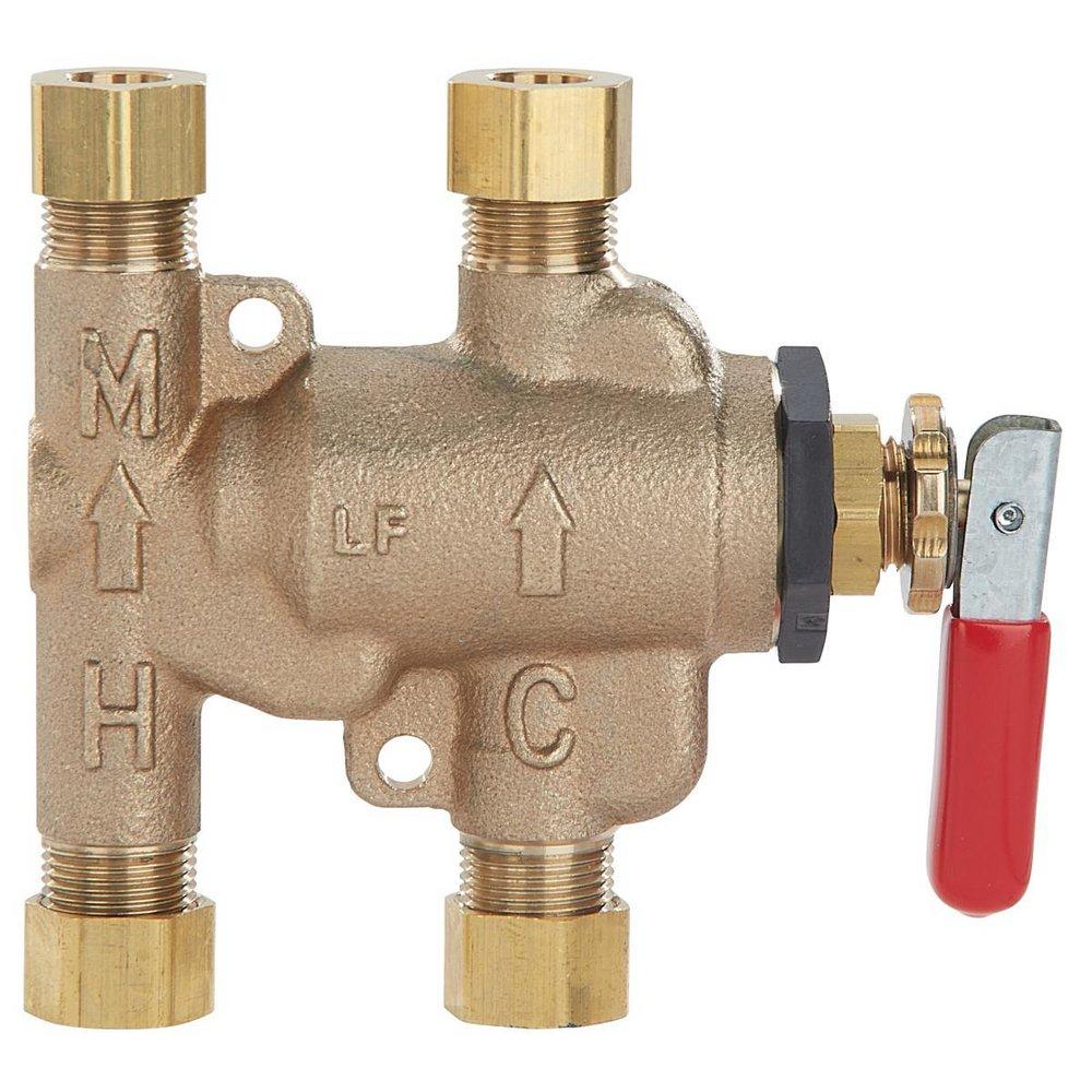 3/8 IN LEAD FREE THERMOSTATIC MIXING VALVE, ADJUSTABLE 80-120 F, WITH SANITIZING PURGE LEVER 