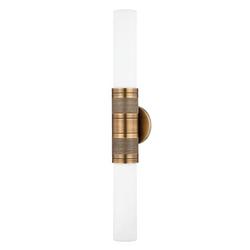 15W 2?Light Opal Glass Tube Wall Sconce in Patina Brass & Grasscloth