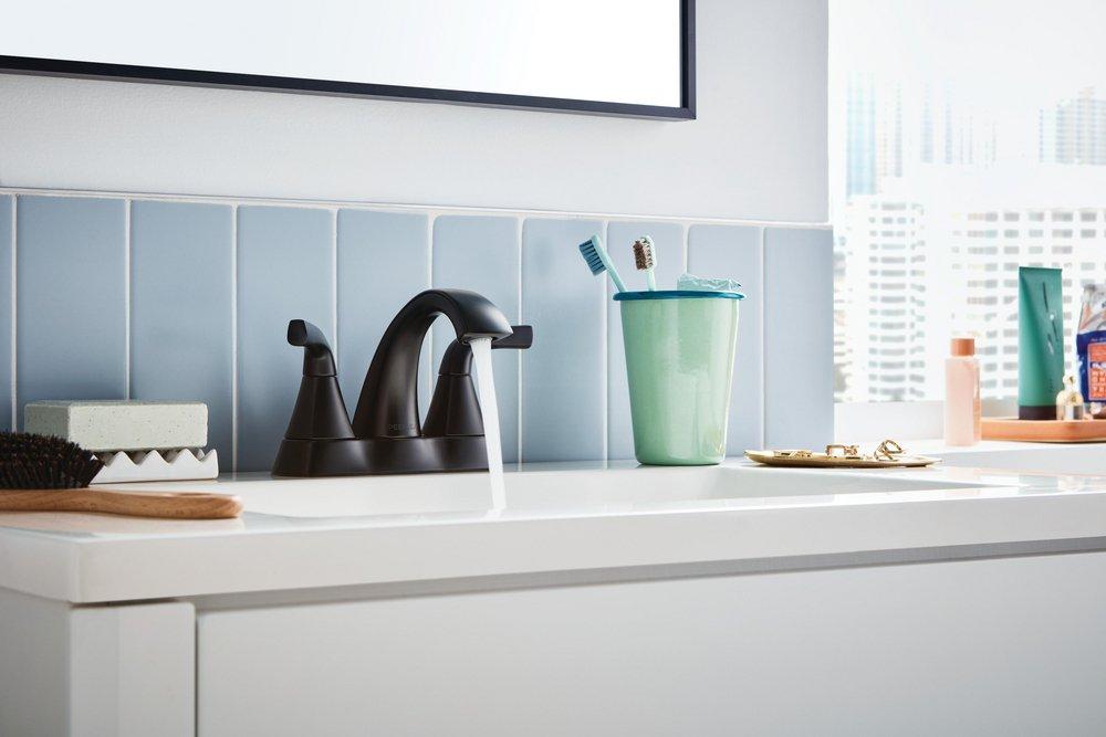 Peerless&reg; Matte Black Two Handle Centerset Bathroom Sink Faucet 