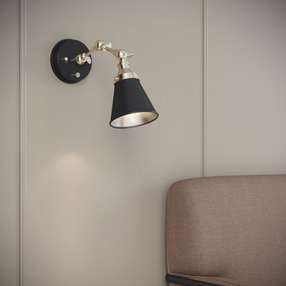 1-Light Swing Arm Sconce Light in Matte Black/Vintage Brass 