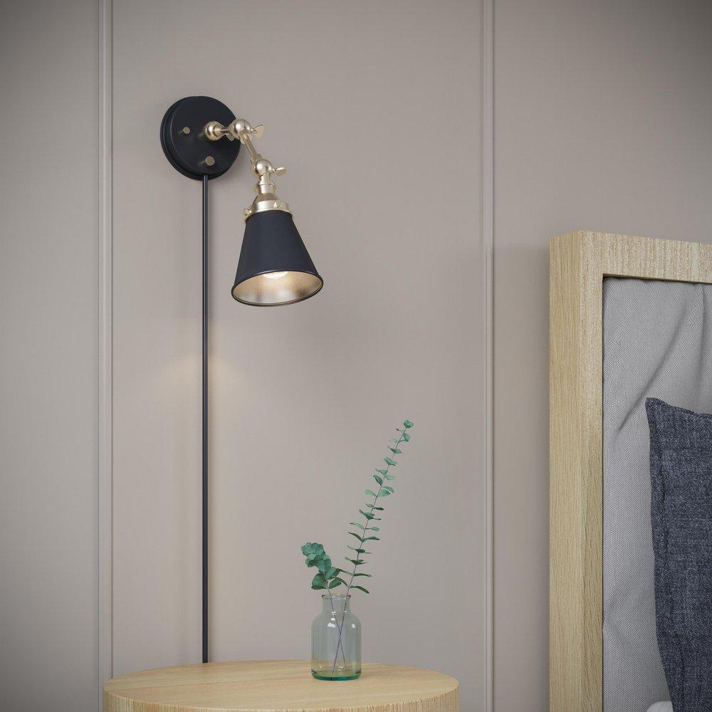 1-Light Swing Arm Sconce Light in Matte Black/Vintage Brass 
