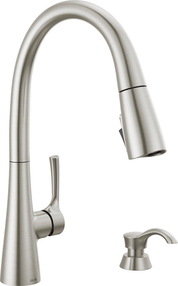 DELTA : SINGLE HANDLE PULL-DOWN KITCHEN FAUCET WITH SOAP DISPENSER AND SHIELDSPRAY TECHNOLOGY STAINLESS STEEL 