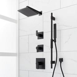 Thermostatic Shower System in Matte Black with Shower Head, Hand Shower, Slide Bar, Shower Arm, Hose, and Valve Trim