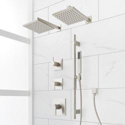 Thermostatic Shower System in Brushed Nickel with Dual Shower Head, Hand Shower, Slide Bar, Shower Arm, Hose, and Valve Trim