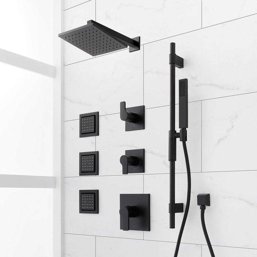 HIBISCUS THERMOSTATIC SHOWER SYSTEM WITH 3 BODY SPRAYS SLIDE BAR AND HAND SHOWER - MATTE BLACK 