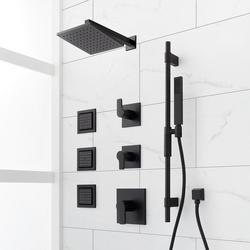 Thermostatic Shower System in Matte Black with Shower Head, Hand Shower, Slide Bar, Bodysprays, Shower Arm, Hose, and Valve Trim