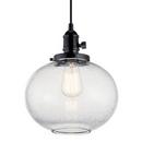 100W 1-Light E26 Mini Pendant in Black / Seeded Clear Glass