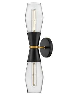 20W LED 2?Light 22in. Wall Sconce in Black with Lacquered Brass & Clear Glass