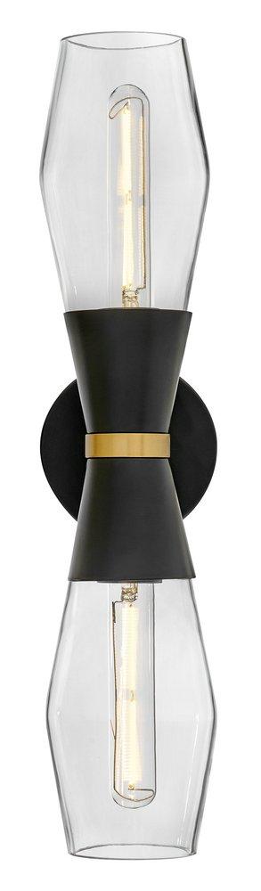20W LED 2?Light 22in. Wall Sconce in Black with Lacquered Brass & Clear Glass 