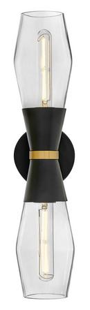 20W LED 2?Light 22in. Wall Sconce in Black with Lacquered Brass & Clear Glass 