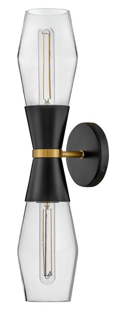 20W LED 2?Light 22in. Wall Sconce in Black with Lacquered Brass & Clear Glass 