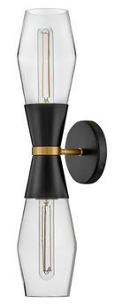20W LED 2?Light 22in. Wall Sconce in Black with Lacquered Brass & Clear Glass 