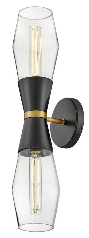 20W LED 2?Light 22in. Wall Sconce in Black with Lacquered Brass & Clear Glass 